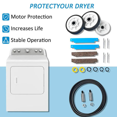 Ready To Roll All In One Dryer Repair Kit with drum rollers and bearings belt and pulley for Maytag Neptune Kenmore shown with parts