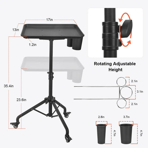 Heavy Duty Salon Tray Cart With Adjustable Height Rolling Tray Metal Tattoo Tray With Tool Holder And Storage Trolley