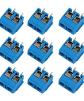 9 blue 2-pin screw terminal blocks, 5mm pitch for PCB Arduino projects. Part of 60 Pieces 5mm Pitch 2 Pin And 3 Pin PCB Mount Screw Terminal Block Connectors For Arduino Great For DIYers Includes 50 Two Pin And 10 Three Pin Blocks AC 300V 10A Wire Size 14 To 22 AWG Plug And Play set