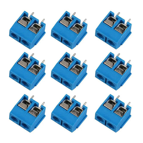 9 blue 2-pin screw terminal blocks, 5mm pitch for PCB Arduino projects. Part of 60 Pieces 5mm Pitch 2 Pin And 3 Pin PCB Mount Screw Terminal Block Connectors For Arduino Great For DIYers Includes 50 Two Pin And 10 Three Pin Blocks AC 300V 10A Wire Size 14 To 22 AWG Plug And Play set