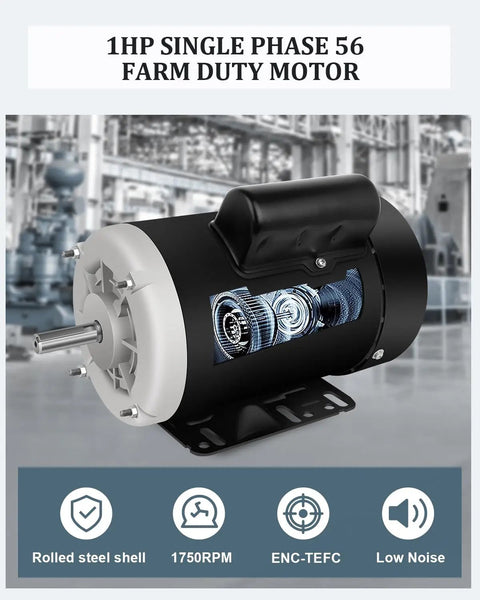 1HP Farm Duty Single Phase Electric Motor Dual Voltage 115V And 230V 1750 RPM TEFC Reversible CW CCW IP55 High Efficiency