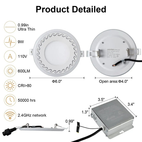 4-Inch Smart Recessed LED Lights With Junction Box, RGB Color Changing Downlights, 9W 600LM, detailed product dimensions