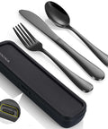 Grab And Go 4 Piece Stainless Steel Travel Utensils Set With Reinforced Buckle Case, Portable Cutlery, Black, includes fork, knife, spoon