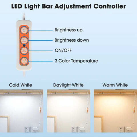 LED Light Bar Adjustment Controller showing brightness and color temperature options for Three Pack 12 Inch Linkable Under Cabinet LED Light Strips