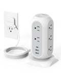 Flat Plug Power Strip With 11 Outlets And 3 USB Ports Including USB C Surge Protector 1625W 13A 1050J 6 Foot Extension Cord Charge Multiple Devices At Once Great For Home Office And Dorm Desk with 6 ft extension shown next to wall outlet.