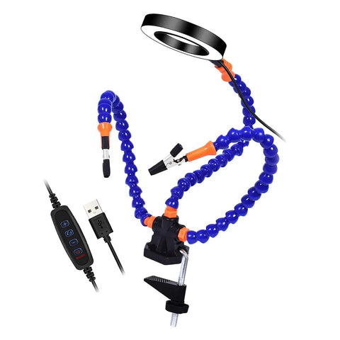 Helping Hand Soldering Setup With Flexible 360 Degree Stainless Steel Arms 3X Magnifying Lamp and USB control cable.