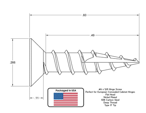 Shop Ready European Concealed Cabinet Hinge Screws 1000 Count Flat Head Phillips Type 17 Tip, detailed screw dimensions, and specifications.