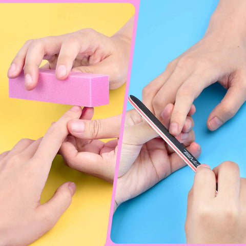 Professional Nail File Kit With Six 100 To 180 Grit Nail Files And Six Buffer Blocks for manicures in use on nails