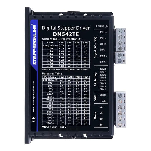 One Axis CNC Stepper Kit With Nema 23 Motor 2.4Nm And DM542TE Driver 24-50V DC 1.0-4.2A For Hobby Milling DIY CNC Projects Pretty Smooth Motion And Easy Setup Power Packed Performance - Front view of DM542TE driver showcasing input and output connections on a white background.