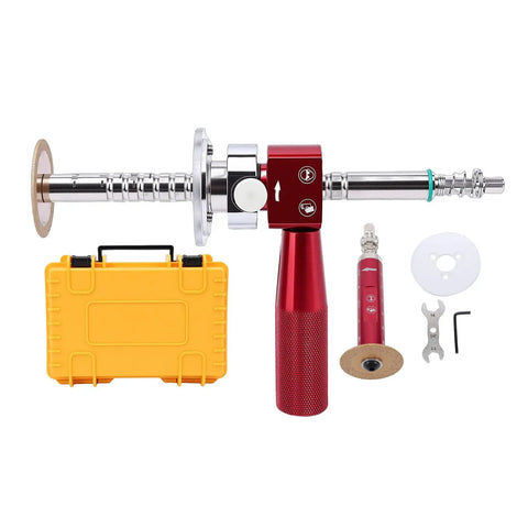 Inside Pipe Cutter Kit For 6 To 105mm Pipes, Adjustable Wall Cutter Tool with 1/4 inch rod and accessories, shown in red with yellow case.