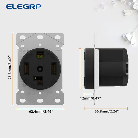 30 Amp 125 And 250 Volt Dryer Outlet NEMA 14 30R Flush Mount Receptacle Grounding 3 Pole 4 Wire side view dimensions