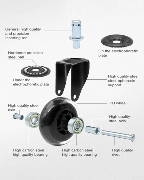 Exploded view of crystal wheel components for Rolling Stool With Backrest 450 Lbs Weight Capacity PU Leather Seat All-Day Comfort
