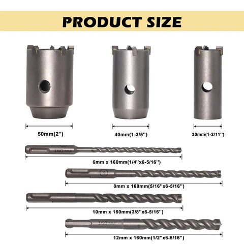 8 Piece Concrete Hole Saw Kit 2 Inch Masonry Hole Saws For Cement SDS Plus Core Bits Tungsten Carbide Steel Wall Drill Bits Ideal For 30mm 40mm And 50mm Openings Heavy Duty Performance shown with product size details