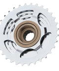 Close-up of 6-9 Speed Bicycle Cassette 13-32T with rust-proof triple nickel plating showing precision threads and gear teeth.