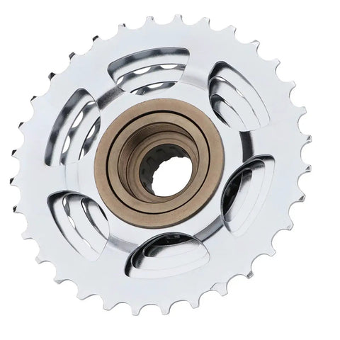 Close-up of 6-9 Speed Bicycle Cassette 13-32T with rust-proof triple nickel plating showing precision threads and gear teeth.