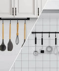 Kitchen Utensil Rack with Removable S Hook for Hanging Pots and Pans, Rod Hooks for Mugs, wall-mounted with utensils and tools.