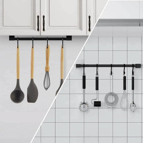 Kitchen Utensil Rack with Removable S Hook for Hanging Pots and Pans, Rod Hooks for Mugs, wall-mounted with utensils and tools.