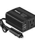 Road Life Ready 150W Car Power Inverter Converts 12V DC To 110V AC With Quick Charge Ports, compact black design with USB ports.