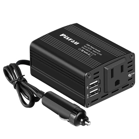 Road Life Ready 150W Car Power Inverter Converts 12V DC To 110V AC With Quick Charge Ports, compact black design with USB ports.