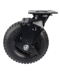 Badass 8 Inch Pneumatic Rubber Wheels Featuring Rock Solid Side Brake For Heavy Duty Hotel Luggage Carts Universal Flanged Track Rollers close-up view with brake and mounting plate.