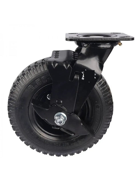 Badass 8 Inch Pneumatic Rubber Wheels Featuring Rock Solid Side Brake For Heavy Duty Hotel Luggage Carts Universal Flanged Track Rollers close-up view with brake and mounting plate.