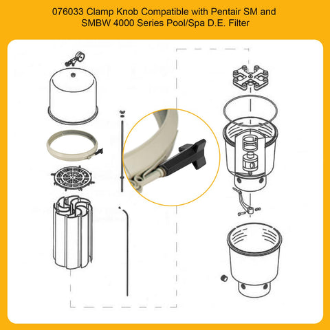Slick Pool Filter Pump Clamping Band Knob Fits Pentair SMBW 2000 4000 Series Replace 076033 with clamp strap and diagram.