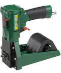 Smooth Shooting Pneumatic Cartoning Stapler Driving RR1 Series Staples With 5/8 Or 3/4 Inch Legs For Locking Down Folding Boxes With Zero Fuss Heavy Carry Performance side view of green pneumatic stapler