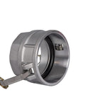 Heavy Duty Built Tough Quick Snap Connect No Sweat Setup For Garden Trucker Lines Corrosion Resistant Camlock Fittings Type D Female Coupler Npt Threads close-up showing aluminum design and attached pin.