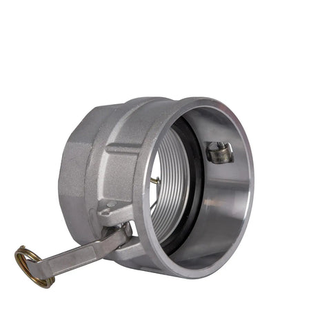 Heavy Duty Built Tough Quick Snap Connect No Sweat Setup For Garden Trucker Lines Corrosion Resistant Camlock Fittings Type D Female Coupler Npt Threads close-up showing aluminum design and attached pin.