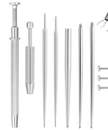 Piercing Taper Ball Grabber Tool For Easy Jewelry Change And Flat Back Earrings Insertion, Perfect For Quick Swap With 14G 16G 18G And 20G Nose Ear Navel Lip Eyebrow Piercings, Includes Threadless And Internal External Thread Inserts displayed with stainless steel parts