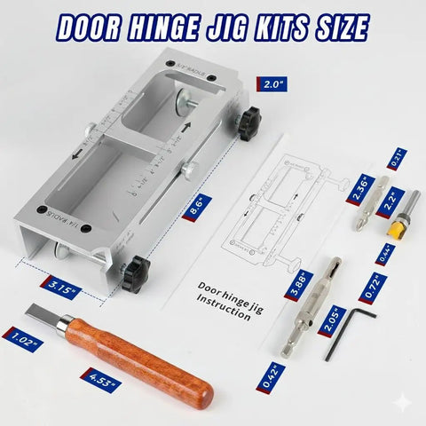 Pro Grade Dead Nuts Precise Door Hinge Template Kit For Router Adjustable Mortise Jig with aluminum jig sizes and instructions.