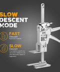Close-up of the slow descent feature on a pair of heavy duty Sheetrock drywall lift and furniture board lifting helper platform.