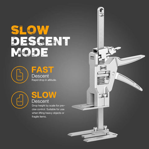 Close-up of the slow descent feature on a pair of heavy duty Sheetrock drywall lift and furniture board lifting helper platform.
