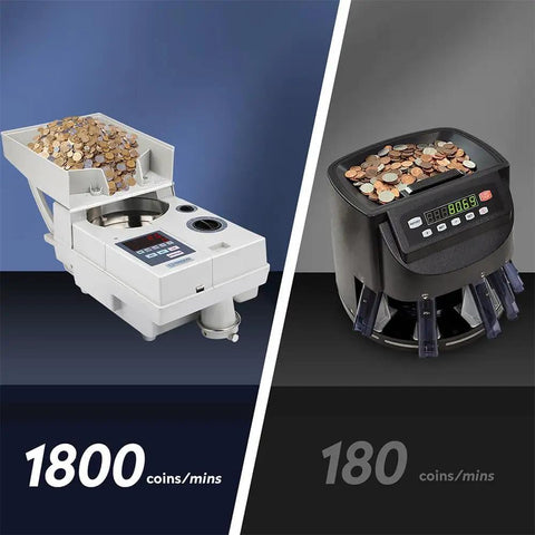 Comparing Crazy Fast Portable Coin Counter And Sorter, 1800 Coins Per Minute, 2000 Coin Hopper with a slower model.