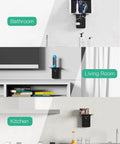 Surge Protector Wall Outlet Extender With Six AC Outlets USB C Port And Two USB A Ports in bathroom, living room, and kitchen settings.