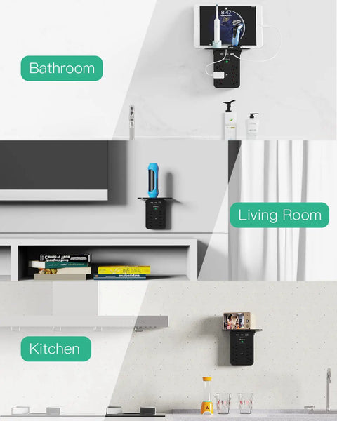 Surge Protector Wall Outlet Extender With Six AC Outlets USB C Port And Two USB A Ports in bathroom, living room, and kitchen settings.