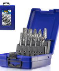 Pro Grade Ten Piece Carbide Burrs Set With One Quarter Inch Shank Double Cut Tungsten Carbide Rotary Files in blue case