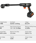 Cordless Pressure Washer 652 PSI 1 GPM Brushless Motor Rechargeable 4Ah Battery Powered Handheld Washer Gun, side view.