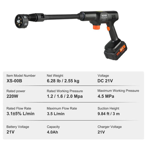 Cordless Pressure Washer 652 PSI 1 GPM Brushless Motor Rechargeable 4Ah Battery Powered Handheld Washer Gun, side view.