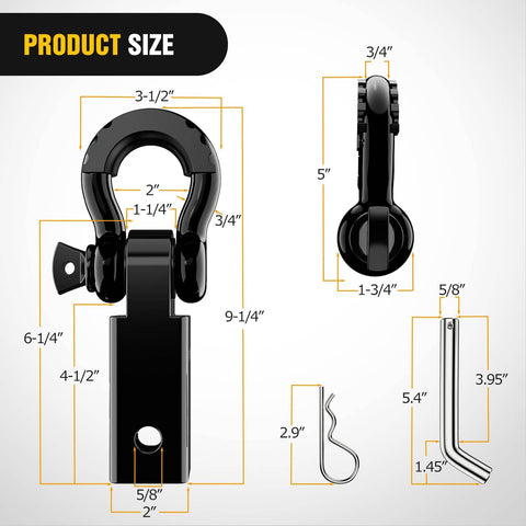 Dimensions for 2 Inch Shackle Hitch Receiver Set With Three Quarter Inch D Ring, 45000 Lb Break Strength, Trailer Pin