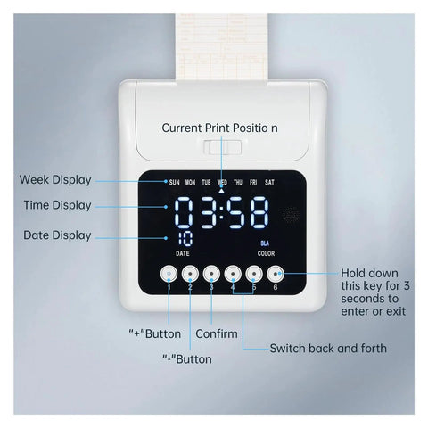 No Sweat Electronic Time Clock For Employee Attendance With Secure Passcode Lock And Bulk Time Cards showing displays and buttons.