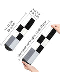 Black And White Checkerboard Straight Tube Socks Crafted From Buttery Soft Polyester For Elite Breathability And Quick Dry Comfort A Dead Set Classic For The Daily Grind Or Weekend Chill Sessions, displayed with measurements.