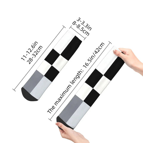 Black And White Checkerboard Straight Tube Socks Crafted From Buttery Soft Polyester For Elite Breathability And Quick Dry Comfort A Dead Set Classic For The Daily Grind Or Weekend Chill Sessions, displayed with measurements.