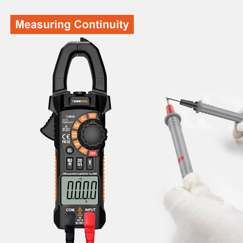 True RMS 6000 Counts Digital Clamp Meter Multimeter displaying continuity test with probes, HD screen, portable design.