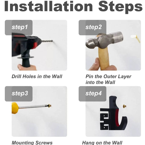 Installation steps for All Black Velvet Padded Katana Wall Mount Rack One Tier Sword Display Stand with tools and steps