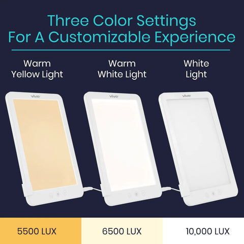 Sun Light Therapy Lamp 10000 Lux UV Free LED Happy Light with three color settings: warm yellow, warm white, white; adjustable stand