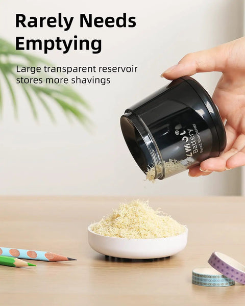 Portable Battery Powered Electric Pencil Sharpener 6 To 8mm For School And Home Use On The Go Black With Three Blades Two Spare Blades Included AA Battery Operated No USB Charging Required, hand-held with shavings reservoir