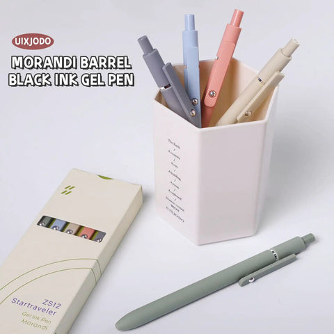 Five Pack Gel Pens 0.5mm Fine Point Black Ink With Super Soft Grip For Smooth Writing Ideal For Journaling And Note Taking Everyday Office School Supplies Gift For Women And Men Morandi Color Set in a holder
