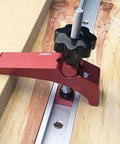 Rock Solid Aluminum T Track Hold Down Clamps For Woodworking And Metalworking Projects Plus Quick Slide In T Slot Press Clamps with grip on workbench.