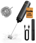 Rechargeable Handheld Milk Frother With Dual Coil Whisk Head Electric Coffee Frother Wand For Matcha Lattes Cappuccino Portable Barista Grade Kitchen Gadget Black Gift Idea, USB-C cable and whisk shown.